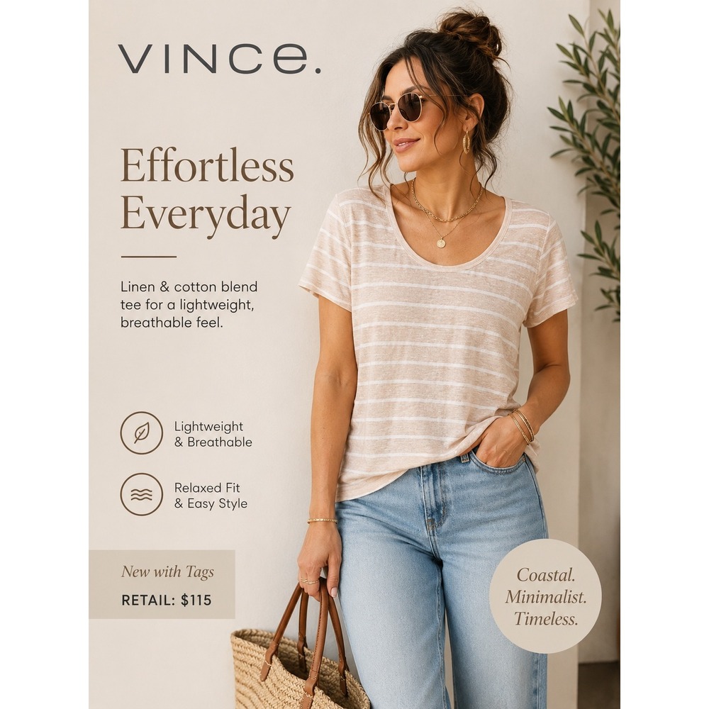 NEW Vince Womens Striped Linen‎ Cotton Scoop Neck T-Shirt Beige White